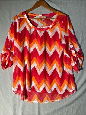 Tacera Zigzag 3/4 Length Sleeve Sheer Blouse -Red, Orange, & White -Womens Large